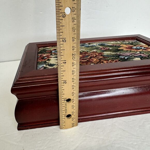 Vtg Wooden Jewelry Box Dark Floral Fabric Top Pink Felt Interior‎ Mirror In Lid - Picture 9 of 11